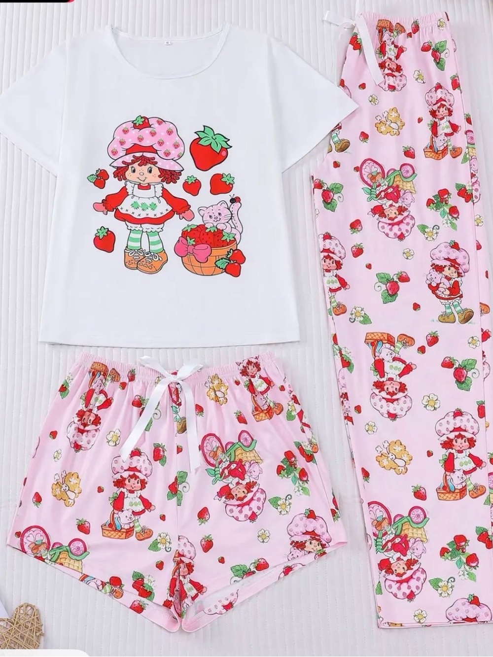 Women Strawberry Print Pink & White Pajama Set 3 pieces- size  XL 14